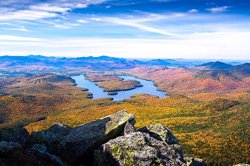 A view of Lake Placid on a sunny autumn day as seen by looking south west from the summit of Whiteface Mountain in Adirondack National Park, Upper New York