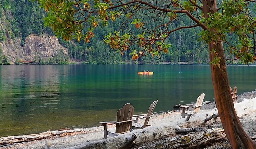 Kayakers paddling on Lake Crescent in Washington
