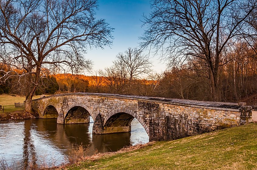 Winter sunset at Burnside Bridge in Antietam National Battlefield, Sharpsburg, Maryland.
