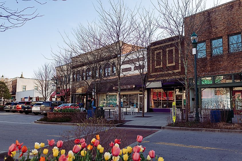 Rustic buildings in central Hendersonville, North Carolina.