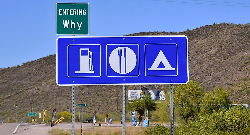 Road sign for services in Why, Arizona.