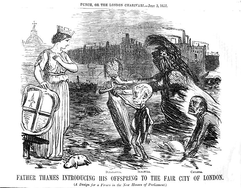 Cartoon depicting Father Thames introducing his "children", diphtheria, scrofula and cholera, to the city of London