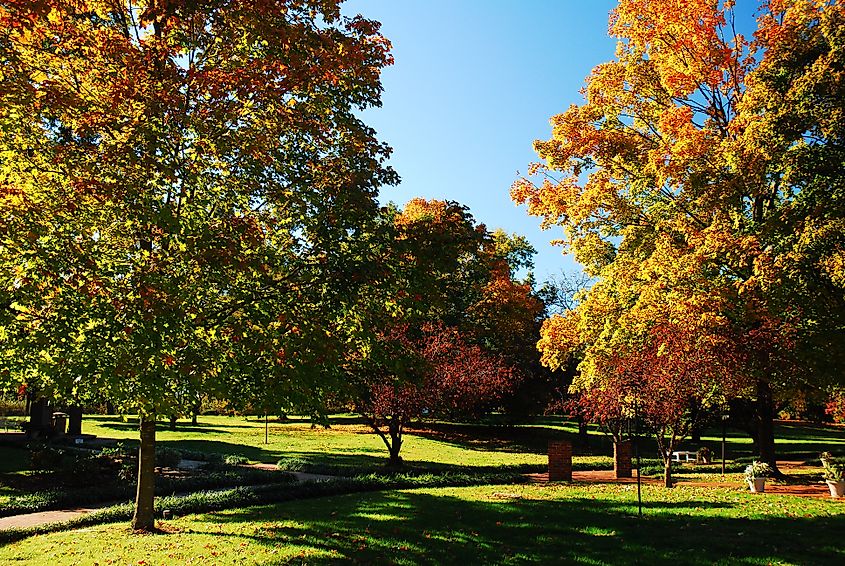 Autumn colors bring vibrancy to a state park in Bardstown, Kentucky.