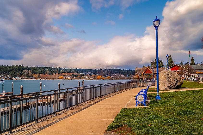 Poulsbo's beautiful harbor and beach scenery in summer with long exposure shot.