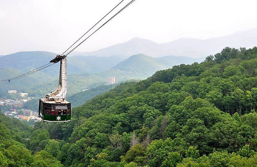 Tourists riding the scenic gondola cable car at Ober Gatlinburg in Gatlinburg, Tennessee