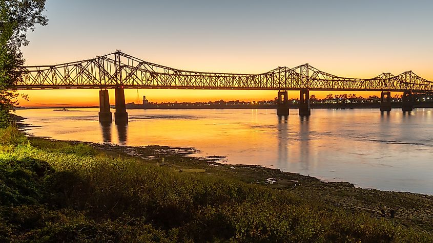 Sunset on the Mississippi River with the Natchez Vidalia Bridge in Natchez, Mississippi