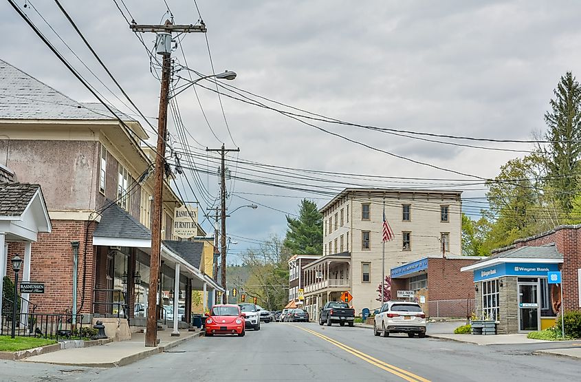 View of the Main Street in Narrowsburg, NY, toward the historic Arlington Hotel building.