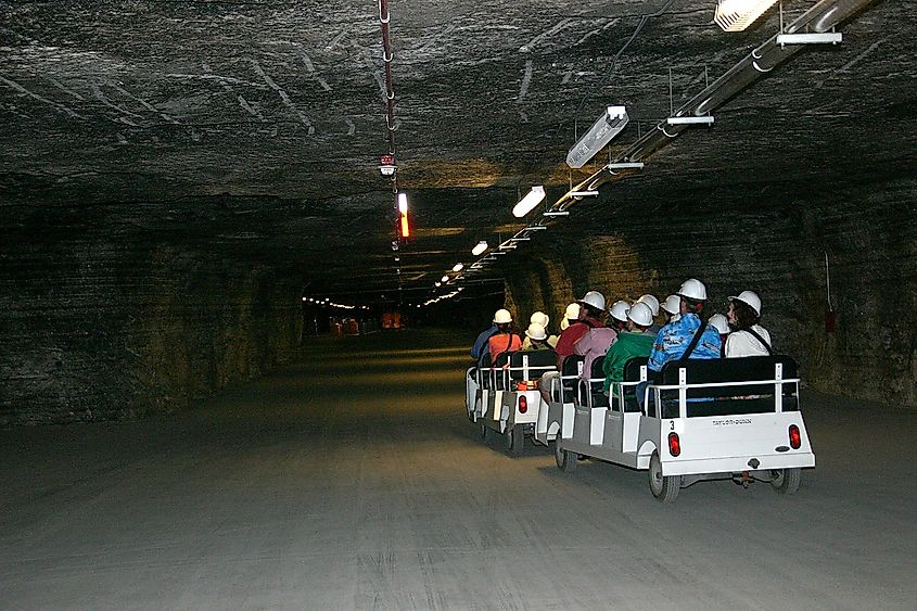 A tram ride begins in the Great Hall at the Kansas Underground Salt Museum.