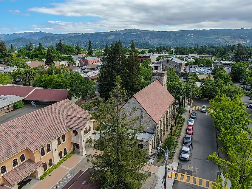Aerial view of St. Helena Roman Catholic Church in California.