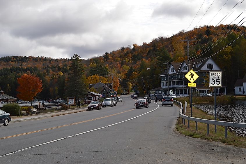 A quaint street in the town of Long Lake in New York.