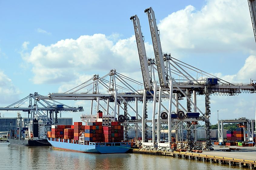 Cargo container ship during cargo operations in the port of Savannah, Georgia. 