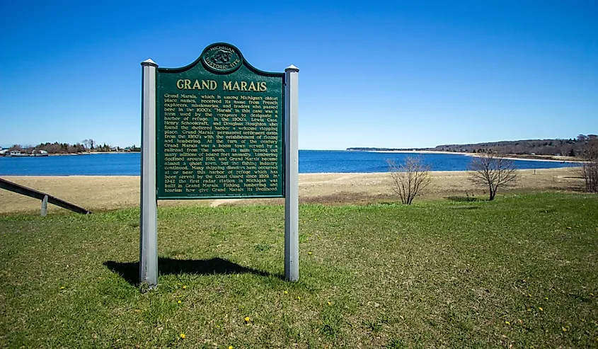 Historical marker in the town of Grand Marais, Michigan.