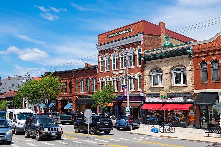 Odd Fellows Hall at 115 Water Street in the historic town center of Exeter, New Hampshire, USA.