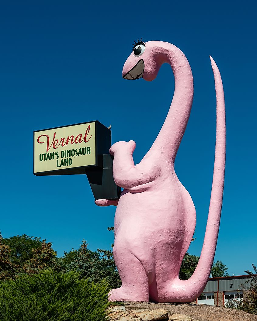 Giant pink dinosaur welcomes people to Vernal, Utah. Editorial credit: Chris Augliera / Shutterstock.com