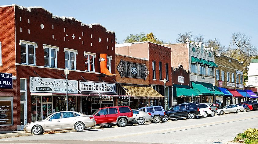 Harrison's historic central business district with preserved buildings, showcasing early 20th-century architecture and a quaint small-town atmosphere.