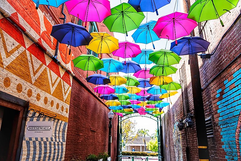 Redlands' own Umbrella Alley, lined with restaurants, shops, and bars.