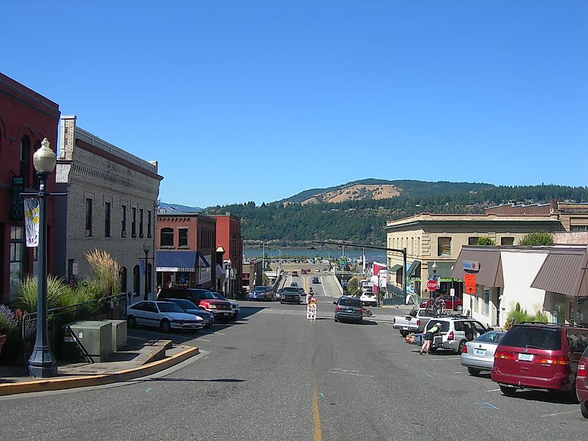 Local businesses in downtown Hood River, Oregon.