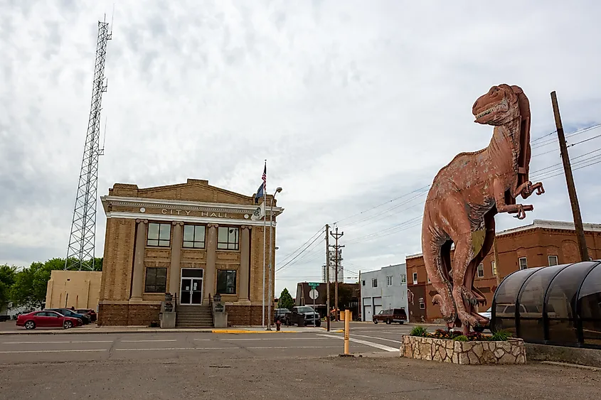 A dinosaur statue next to the City Hall in Glendive, Montana.