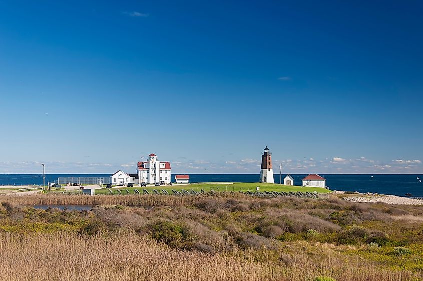 The historic landmark Point Judith Lighthouse in Narragansett, Rhode Island.