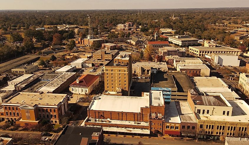 Aerial photography of Downtown Hattiesburg Mississippi cityscape