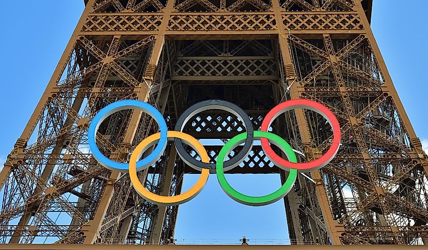 The Olympic symbol installed on the Eiffel Tower for the Paris 2024 Olympic Games, June 9, 2024.