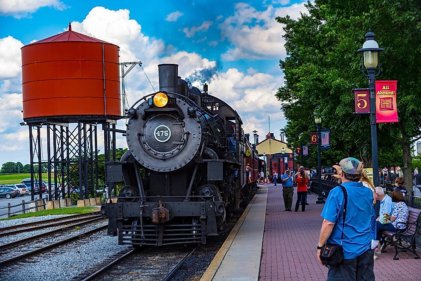 Strasburg, Pennsylvania: A steam locomotive returns to the station from a passenger excursion in rural Lancaster County.