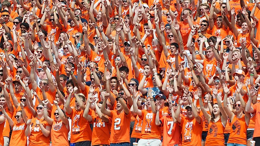 Fighting Illini fans cheer the football team at Memorial Stadium.