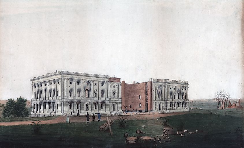 U.S. Capitol after burning by the British. Drawing shows the ruins of the U.S. Capitol following British attempts to burn the building