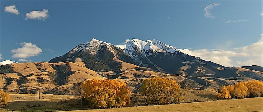 Emigrant Peak seen from Paradise Valley, Montana, with expansive views of the surrounding landscape and rugged terrain.