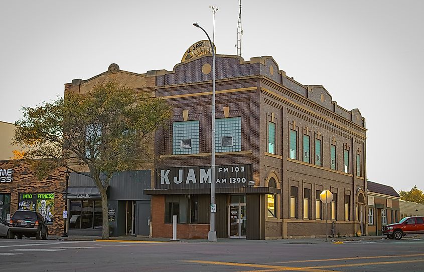 An old radio station building in the downtown strip of Madison, South Dakota.