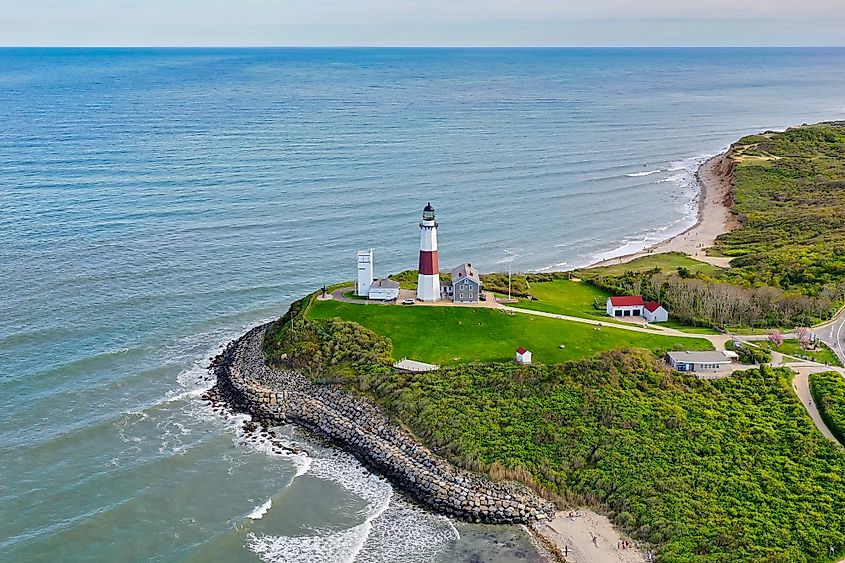 Aerial view of the Montauk Lighthouse and beach in Long Island, New York, USA.