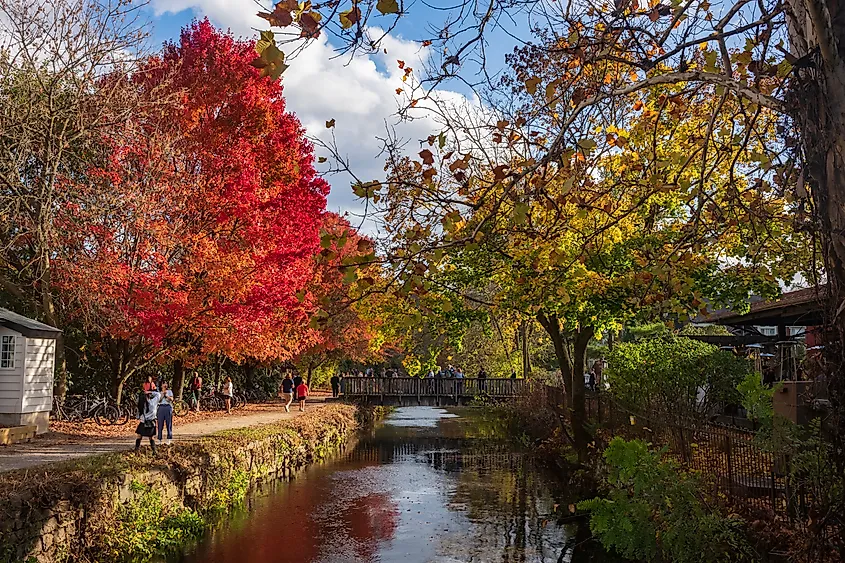 A walking bridge over a brook in Lambertville, New Jersey.