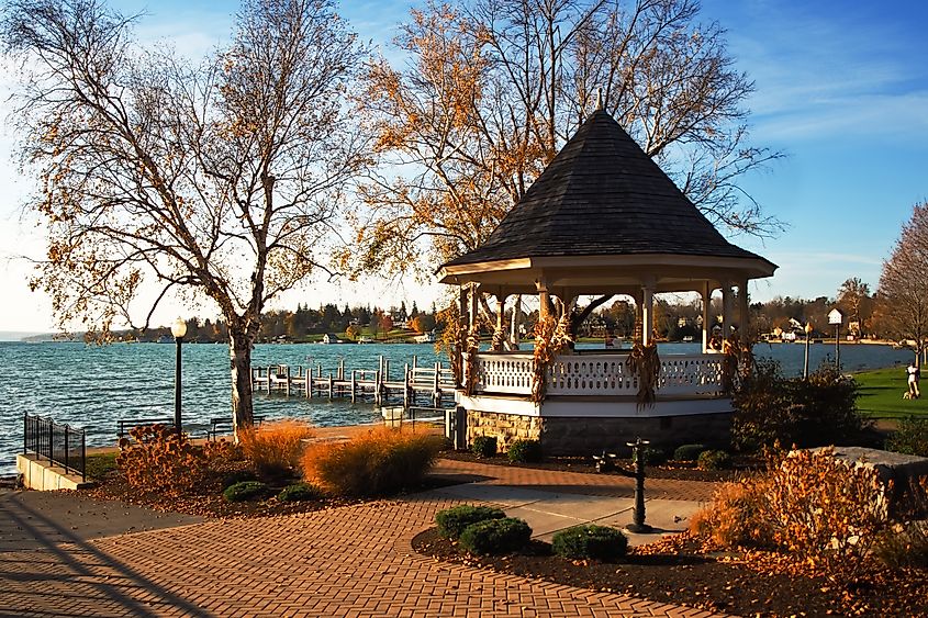 Gazebo and small park on the shore of Skaneateles Lake in Skaneateles, New York, on a beautiful autumn morning.