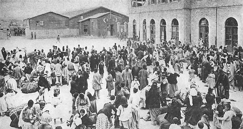 Armenians gathered in a city prior to deportation. They were murdered outside the city.