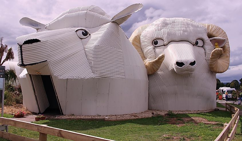 Huge welcome sheep building, Tirau, South Waikato, New Zealand.