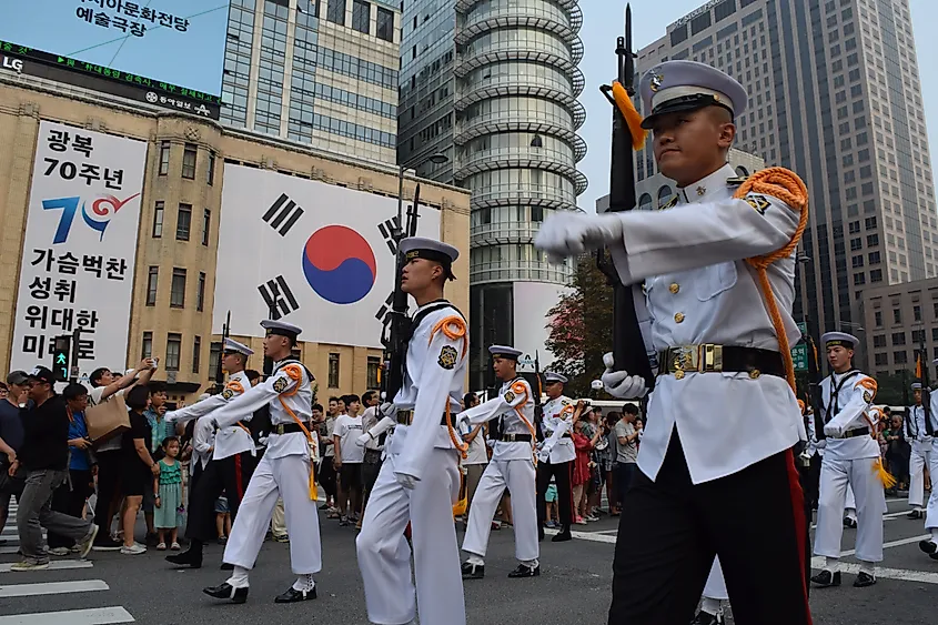 South Korean soldiers march during the country's 70th anniversary of independence from Japanese colonization