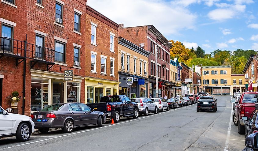 Railroad Street lined with Traditional Brick Buildings and Colourful Shops and Restaurants