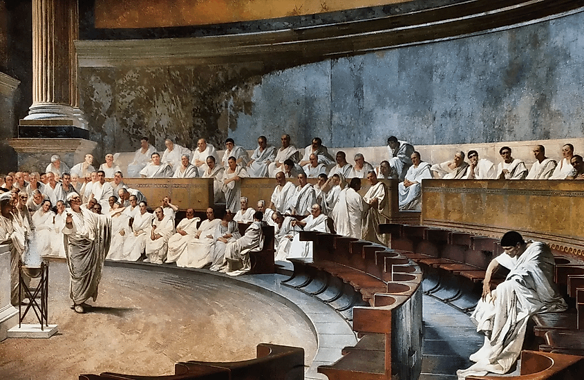 Illustration of a session at the Roman Senate in which Caesar as praetor-elect participated.