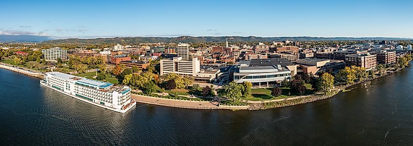 Aerial panorama of the Viking Mississippi and river with cityscape in La Crosse, Wisconsin. Editorial credit: Steve Heap / Shutterstock.com