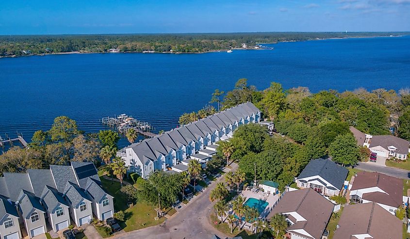 Townhouses and condo with view of the scenic blue bay in Navarre Florida.