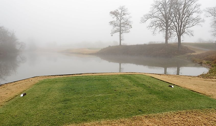Tee box in front of the water