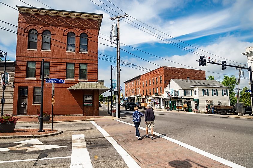 Historic brick buildings in downtown Saco, Maine, USA.