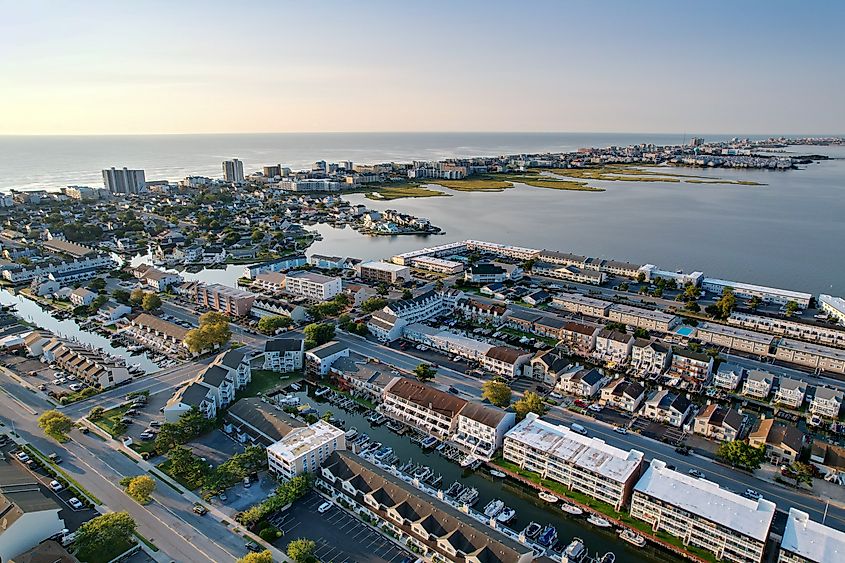 Aerial view of Ocean City, Maryland at sunrise with vacation properties.