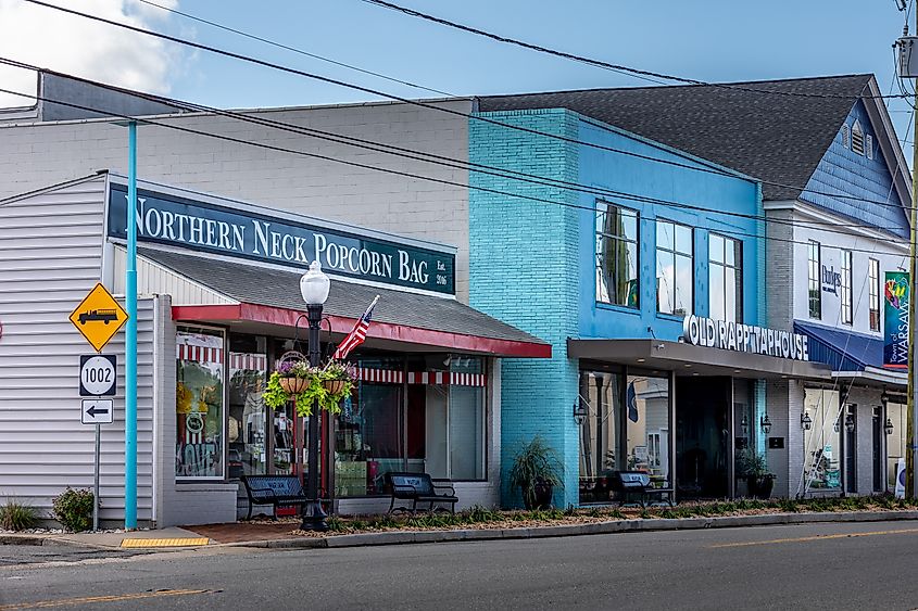 Vibrant buildings in the downtown area of Warsaw, Virginia. 