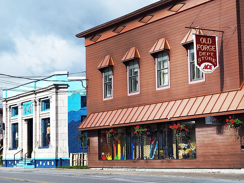 Shops and businesses along Route 28 in the picturesque Adirondack town of Old Forge, New York.