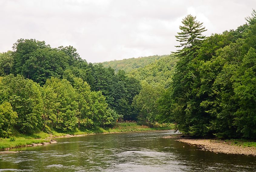 View of the Clarion River in Cook Forest State Park near the Gateway Lodge in Pennsylvania.