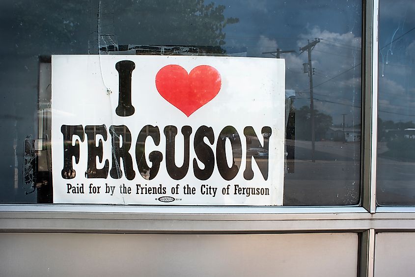 I love Ferguson sign on window in Ferguson Missouri. Editorial credit: Jon Rehg / Shutterstock.com