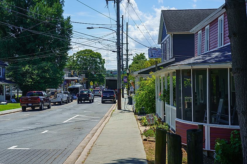 A view of a main street in the quaint small town of North East, Maryland, on August 19, 2022. The street is lined with charming shops and historic buildings, reflecting the town’s relaxed atmosphere in Cecil County.