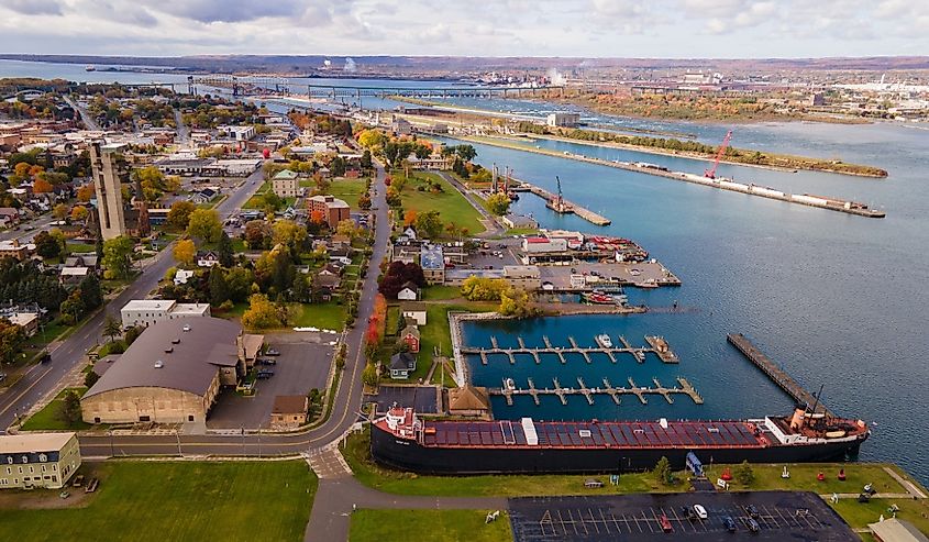 Aerial photo showcases the Soo Locks in Sault Ste Marie, Michigan.