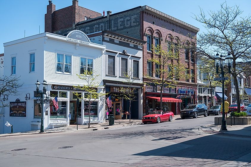 Urban Street with Historic Buildings Grandpa Shorters Gift Shop in Petsokey. Editorial credit: Focused Adventures / Shutterstock.com